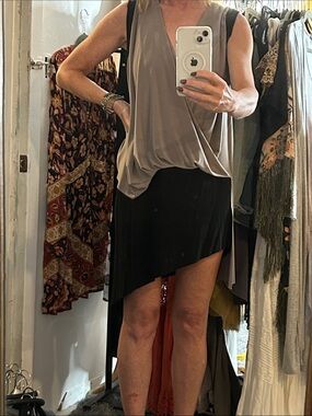 Zara Two-Tone Asymmetrical Hem Dress in Black and Taupe